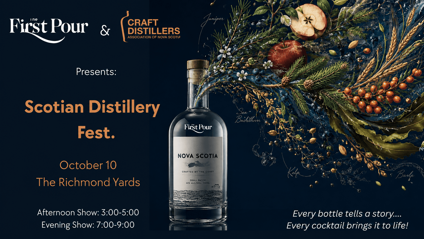 Scotian Distillery Fest artwork with Nova Scotia fruit, grain and coastal botanicals.